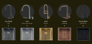 Selsiuz kranen en Lanesto spoelbakken in 5 kleuren: Inox, Gun Metal, Sturdy Black, Copper en Gold