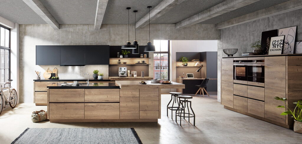 Hout + zwarte keuken industrieel met eiland, Nobilia Structura 402 IKook